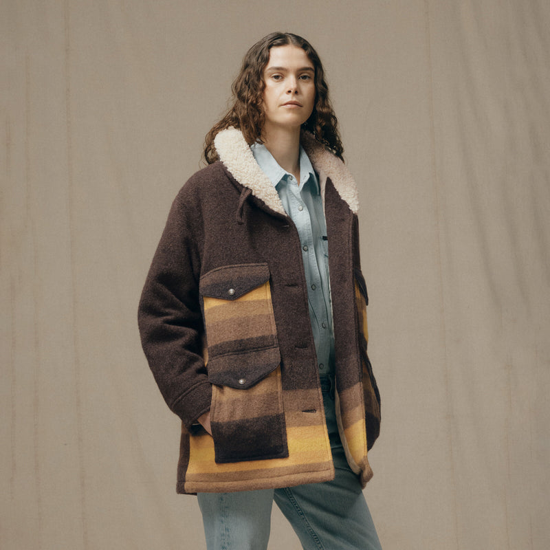 Women’s kodiak shawl collar coat by Filson | Brown / yellow strip (Brown)