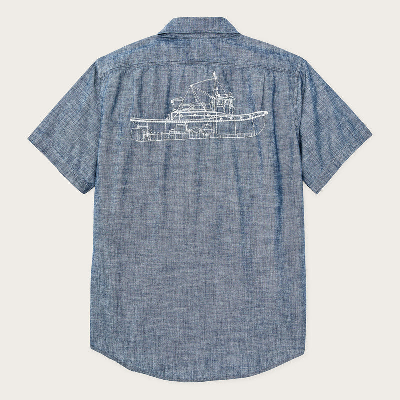 Short sleeve embroidered chambray shirt by Filson | Rinsed indigo chambr (Blue)