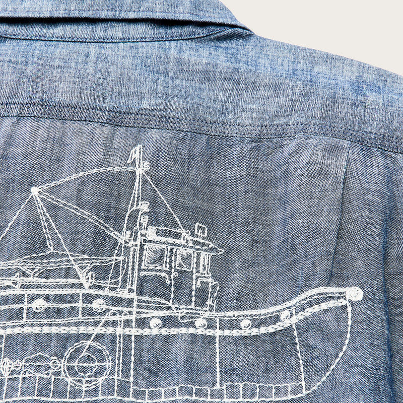 Short sleeve embroidered chambray shirt by Filson | Rinsed indigo chambr (Blue)