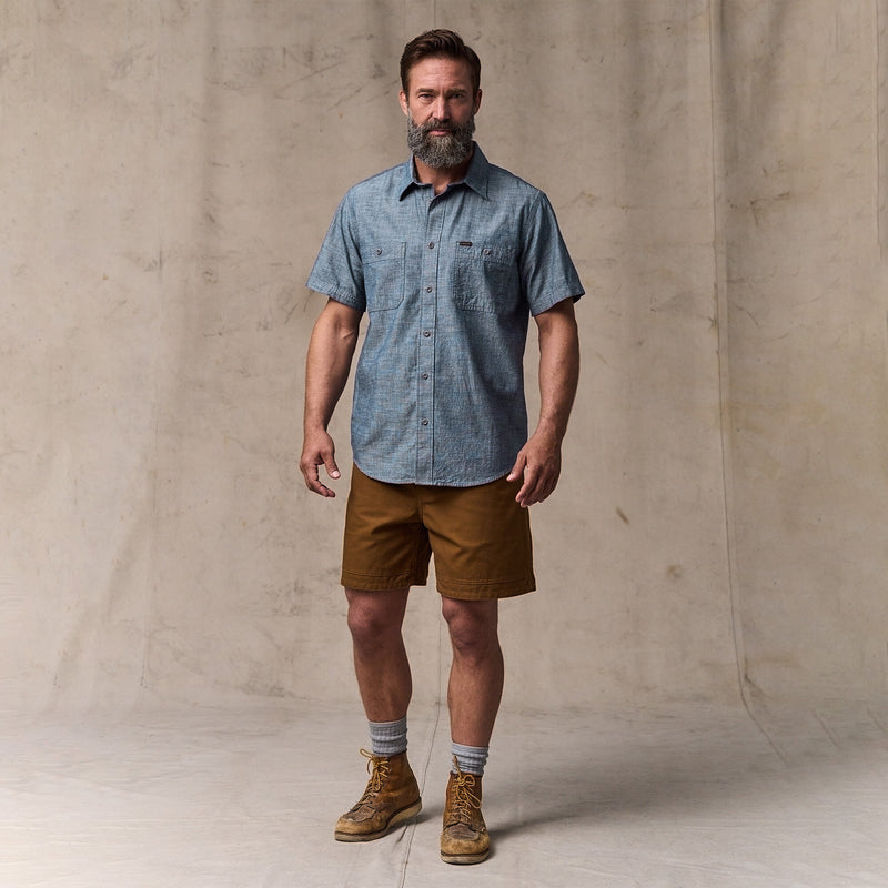 Short sleeve embroidered chambray shirt by Filson | Rinsed indigo chambr (Blue)