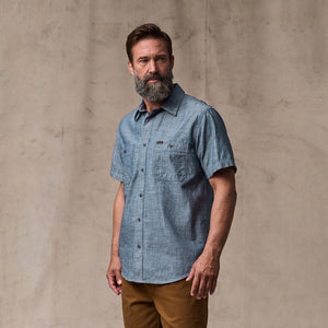 Short sleeve embroidered chambray shirt by Filson | Rinsed indigo chambr (Blue)