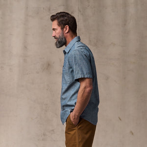 Short sleeve embroidered chambray shirt by Filson | Rinsed indigo chambr (Blue)