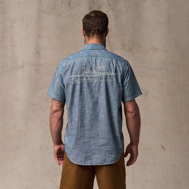 Short sleeve embroidered chambray shirt by Filson | Rinsed indigo chambr (Blue)