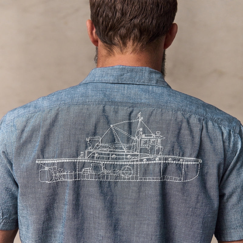 Short sleeve embroidered chambray shirt by Filson | Rinsed indigo chambr (Blue)