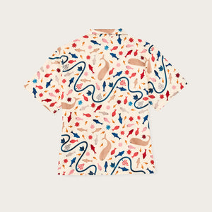 Women’s short sleeve twill camp shirt by Filson | Natural/ whale print (Beige)