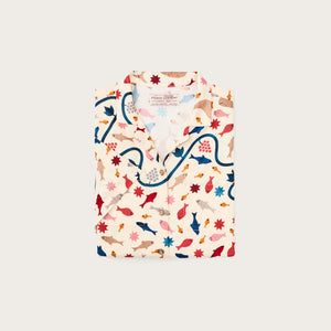 Women’s short sleeve twill camp shirt by Filson | Natural/ whale print (Beige)