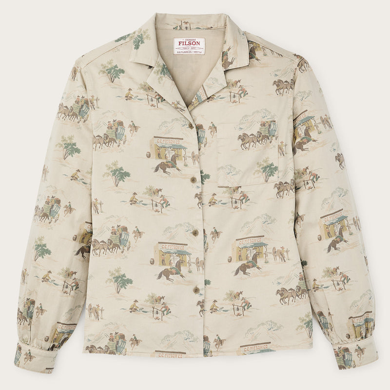 Women's long sleeve twill camp shirt by Filson | Desert green / print (Beige)
