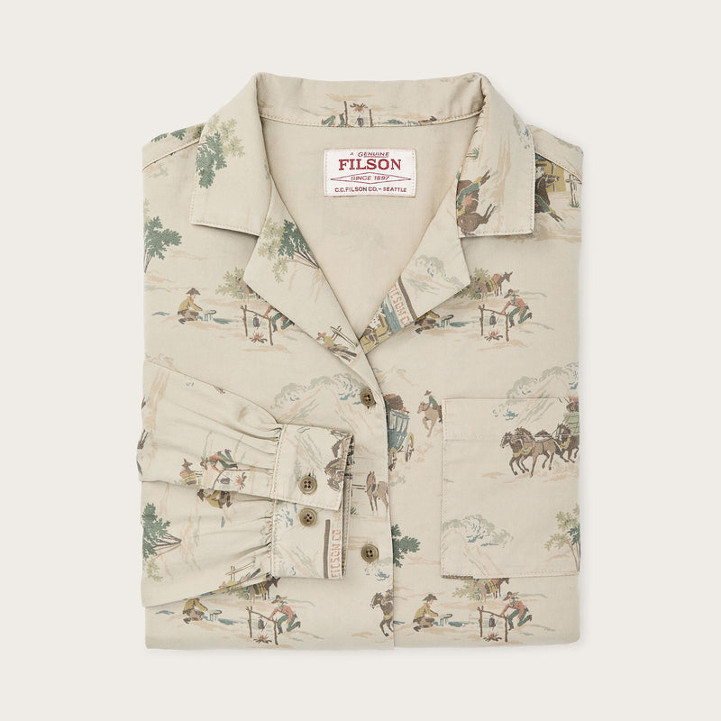 Women's long sleeve twill camp shirt by Filson | Desert green / print (Beige)