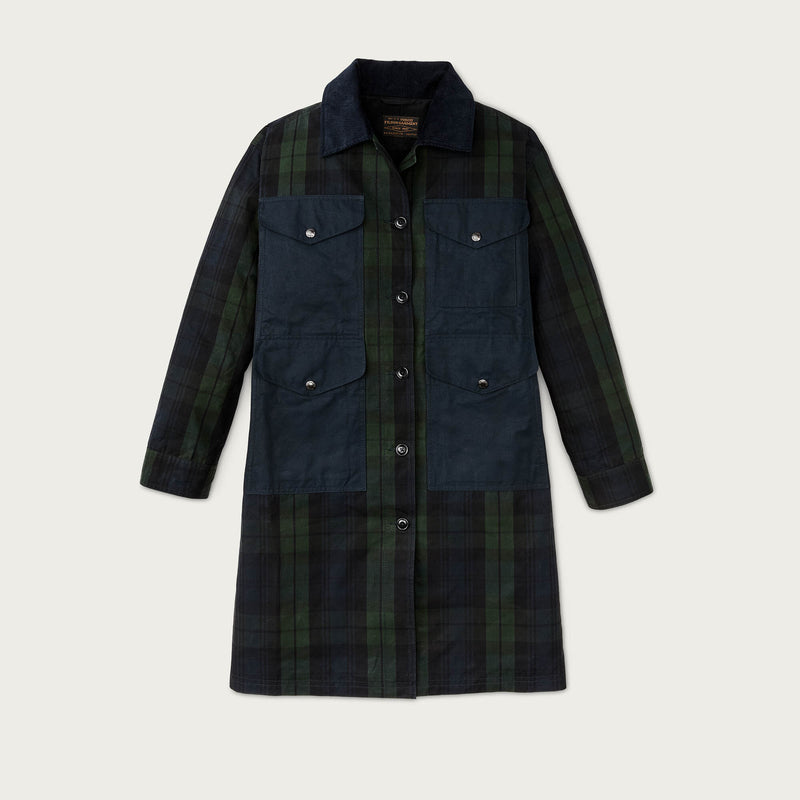 Women's dry waxed long cruiser by Filson | Black/ green plaid (Multicolor)