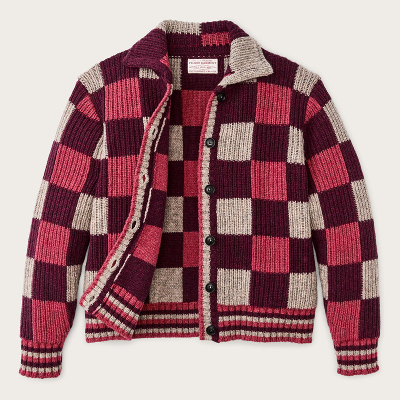 Women’s checkered wool cardigan by Filson | Burgundy / gray chec (Purple)