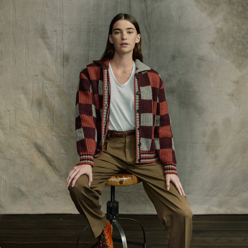 Women’s checkered wool cardigan by Filson | Burgundy / gray chec (Purple)