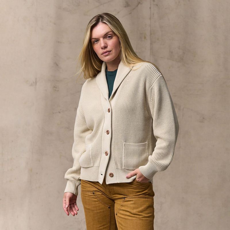 Women's cotton shawl neck cardigan by Filson | Natural (White)