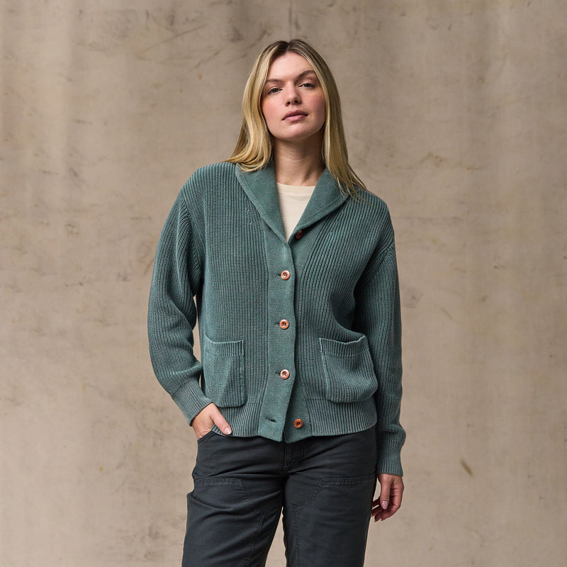 Women's cotton shawl neck cardigan by Filson | Juniper (Green)