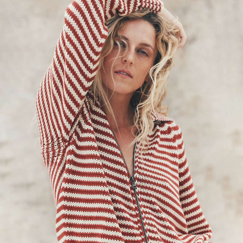 Women's cotton full-zip cardigan by Filson | Brick / sand stripe (Red)