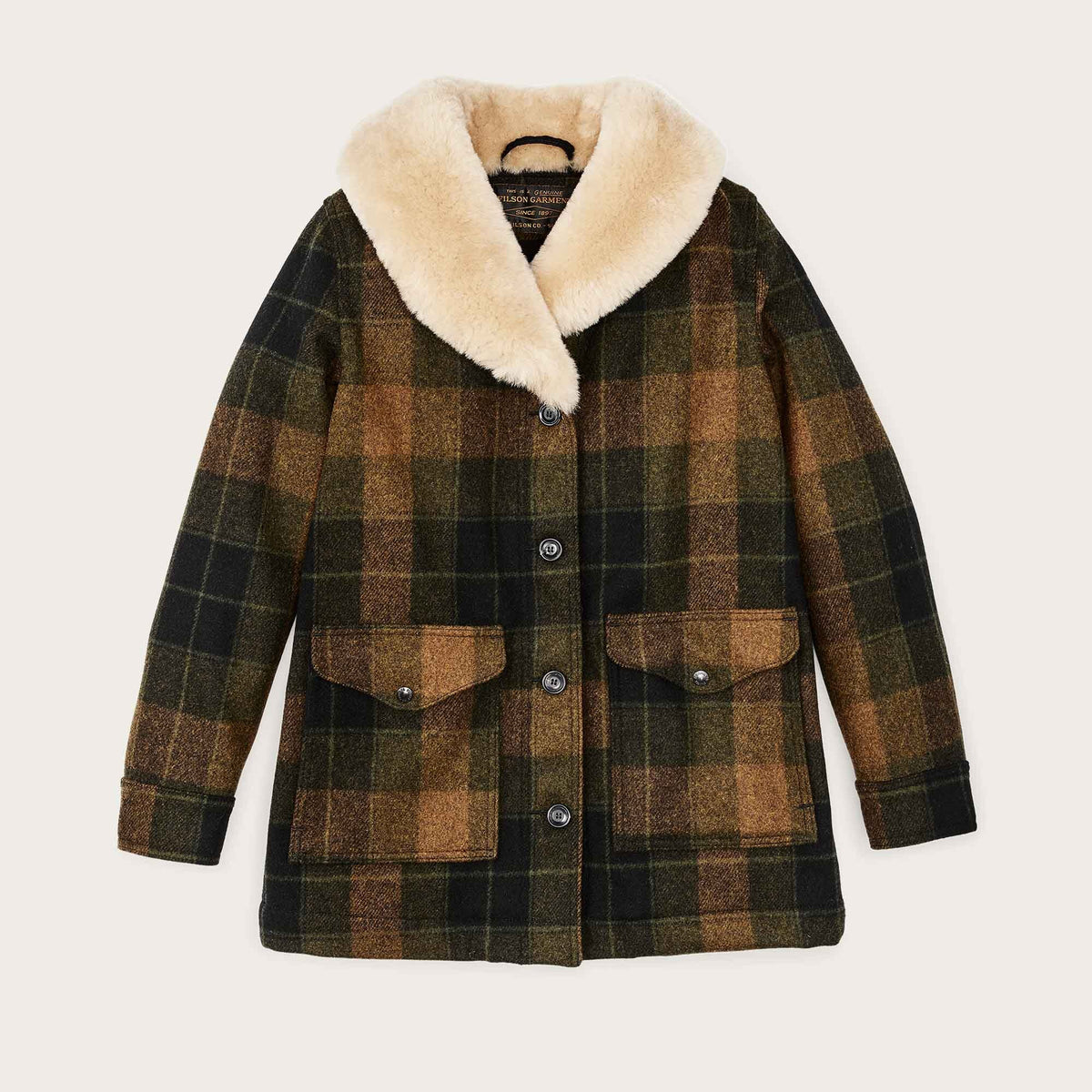Women's wool trapper coat by Filson Loden heather plaid (Brown)